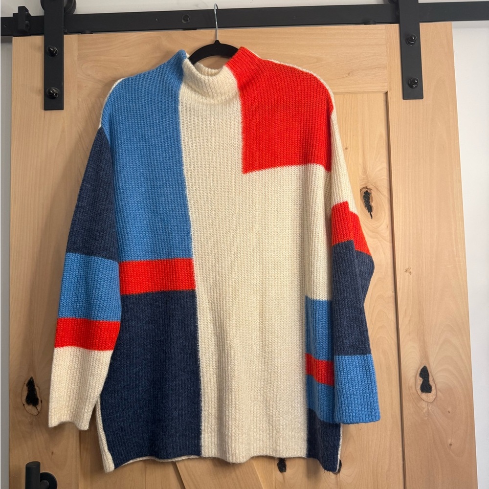 H&M Geometric Retro Cream/Blue/Red Knit Sweater - Size Small